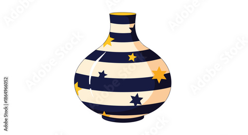Cute cartoon illustration of a round ceramic vase decorated with navy blue and cream stripes and little yellow stars, isolated on white.