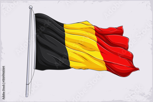 Hand drawn waving Belgium national flag illustration with black, yellow, red tricolour stripes, Belgian patriotic revolution symbol emblem