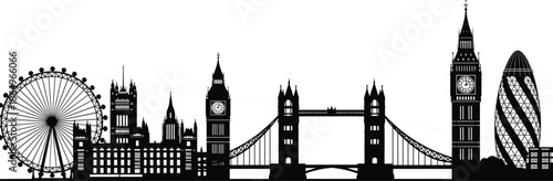 London skyline silhouette illustration featuring Big Ben Tower Bridge London Eye Gherkin and historic landmarks black vector cityscape panorama