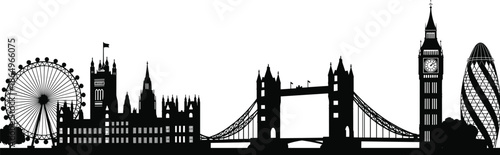 London city skyline silhouette featuring famous landmarks including Big Ben Tower Bridge London Eye and modern architecture black vector illustration