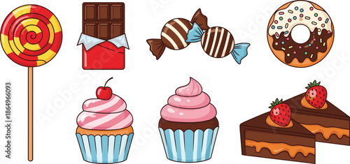 Sweet candy and dessert collection featuring colorful swirl lollipop chocolate bar wrapped candies glazed donut cupcakes and strawberry cake slices for vector.