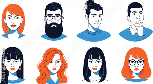 Diverse avatar collection featuring flat vector portraits of men and women with various hairstyles and accessories for user profile social media design.