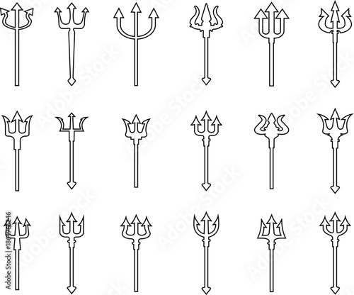 Trident Line Style Vector Icon Set, Mythology Weapon Symbol Collection and Ancient Outline Graphic Group Featuring Trishul, Spear and Fork Emblem Designs