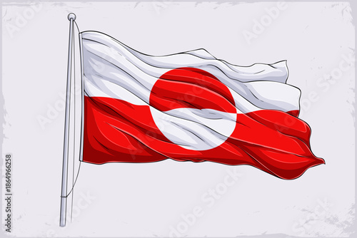 Hand-drawn waving Greenland national flag illustration with white over red and off-center red-white disk (Erfalasorput), sun ice ocean symbol