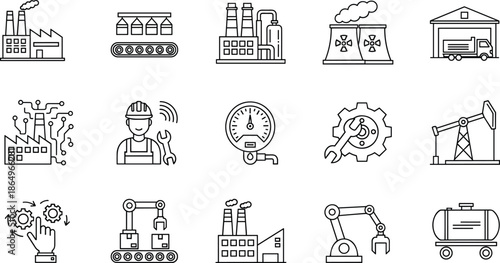 Industrial factory and manufacturing line icons set illustrating production plants machinery automation logistics energy engineering processes modern outline vector collection