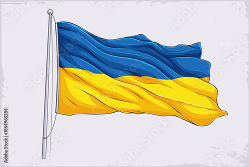 Hand drawn waving Ukraine national flag illustration with horizontal blue over yellow bicolour stripes, sky over wheat fields symbol emblem