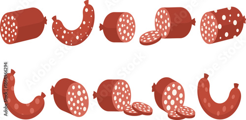 Salami and sausage collection featuring various smoked meat products including whole links half cuts and slices with fat speckles for vector design.