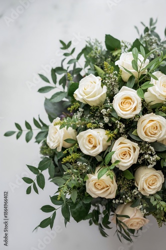 Bouquet of White Roses Arranged With Greenery on a Light Surface