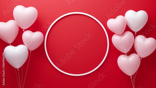 Heart Balloons Beside a Round Frame Against a Red Background for Celebration ...