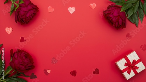 Red Flowers, Heart Shapes, and Straws Create a Festive Scene for Celebration ...