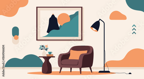 Modern living room interior design featuring a comfortable purple armchair, a stylish floor lamp, and abstract art.