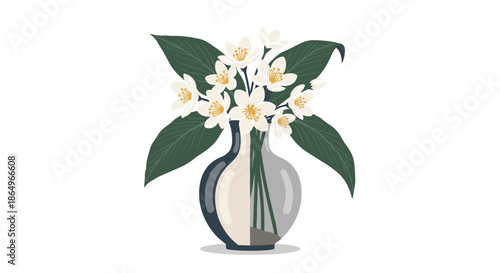 Beautiful bouquet of white jasmine flowers with dark green leaves arranged in a modern glass vase, isolated on a white background.