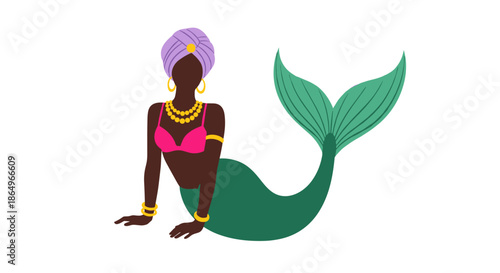 Elegant Black mermaid with a purple headwrap and gold accessories sitting gracefully in a minimalist flat style.