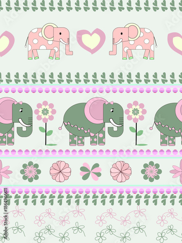 Elephants, made from geometric shapes, are arranged to create a cute elephant image, perfect for decorating children's clothing, curtains, bed sheets, and gift wrapping paper.