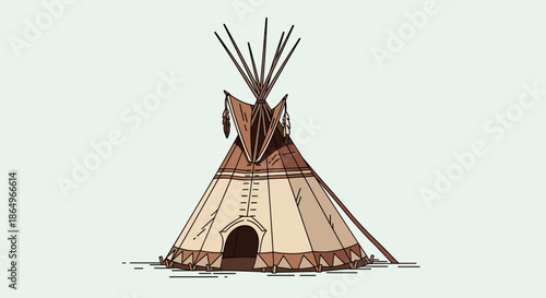 Traditional Native American teepee dwelling with wooden poles and decorative feathers on a clean light background.
