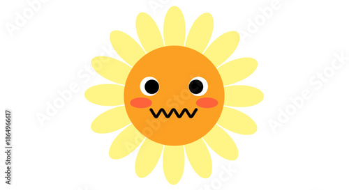 Cute yellow sunflower character with rosy cheeks and a nervous expression on its face isolated on white background.