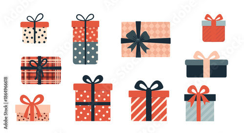 Assortment of colorful Christmas gift boxes with different patterns and festive ribbons isolated on white background.