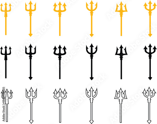 Trident Flat Line Style Vector Icon Set, Mythology Weapon Symbol Collection and Ancient Outline Graphic Group Featuring Trishul, Spear and Fork Emblem Designs
