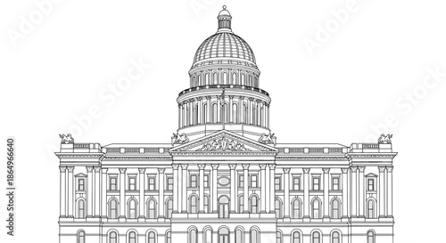 Detailed black and white architectural line drawing of a majestic government building featuring a grand dome.