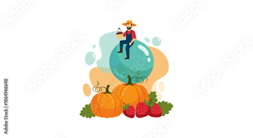 Tiny farmer character sitting on a giant blue berry surrounded by large pumpkins and strawberries in flat style.