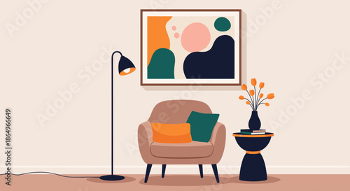 Peaceful living room scene featuring a modern armchair with cushions, a floor lamp, and a minimalist framed painting.