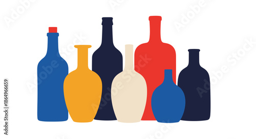 Collection of various glass bottles and carafes in different shapes and vibrant primary colors in a minimalist style.