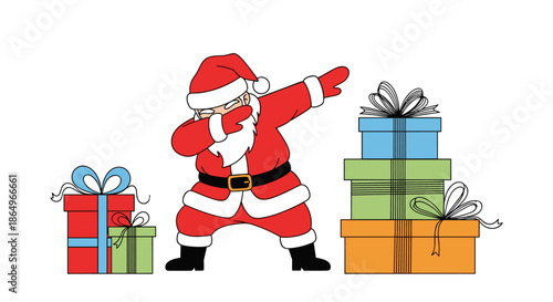Jolly Santa Claus performing a dab dance move while standing between two large stacks of colorful holiday presents.