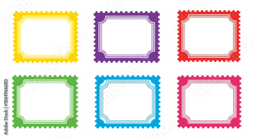 Set of six colorful postage stamp frames with decorative borders in yellow, purple, red, green, blue, and pink.
