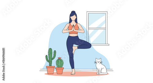 Young woman practicing yoga tree pose for balance and mindfulness in a clean minimalist room with cacti and a cat.