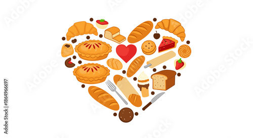 Heart-shaped arrangement of various freshly baked goods including bread, croissants, pies, and sweet pastries.