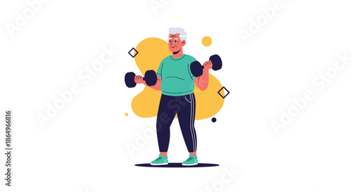 Active senior man with gray hair exercising with two dumbbells, promoting a healthy and strong lifestyle for the elderly.