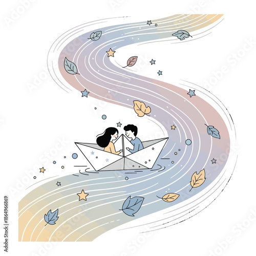 Couple Sailing in a Paper Boat on a Rainbow River - Whimsical Vector Art