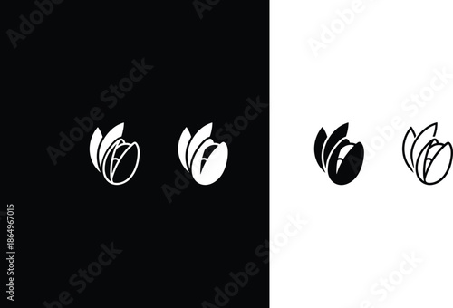 Pistachio nut icon set featuring minimalist fruit seed silhouettes in black and white for healthy snack food branding and packaging.