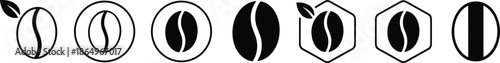 Black coffee bean icon set featuring various minimalist designs with leaves circular borders and hexagonal frames for cafe branding labels.