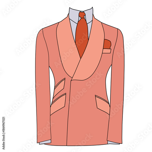 This vector is about men's clothing for formal occasions. A pink tuxedo and an orange tie. 