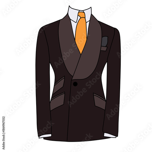 This vector about men's about clothing for formal occasions. A black tuxedo and a yellow tie.