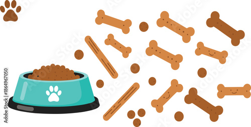 Dog food and treat collection featuring a teal bowl filled with kibble various bone shaped biscuits and sticks for pet care design.