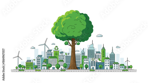 Vibrant green city skyline featuring a large central tree, prominent wind turbines, and solar panels, symbolizing sustainable and eco-friendly urban living.
