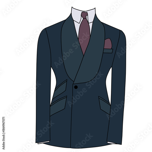 This vector is about men's clothing for formal occasions. A dark blue tuxedo and a dark purple tie.