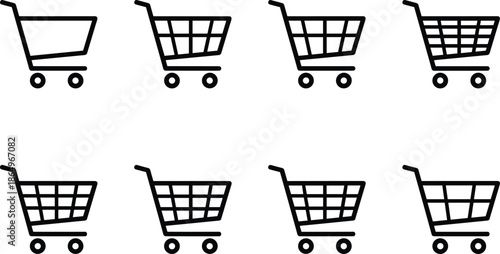 Black shopping cart icon set featuring various wire basket designs for e-commerce retail online store checkout and consumer marketing concepts.