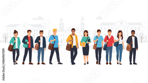 Diverse group of enthusiastic college students standing proudly in front of a grand university building, ready for their academic journey.