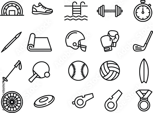 Black and white sports and fitness icons set, vector illustration for athletics, training, competition, and recreation.