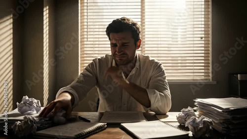 Stressed man suffering from writer's block at a messy desk. Frustrated businessman overwhelmed by work and deadline pressure. Burnout and anxiety concept with exhausted employee holding head in hands
