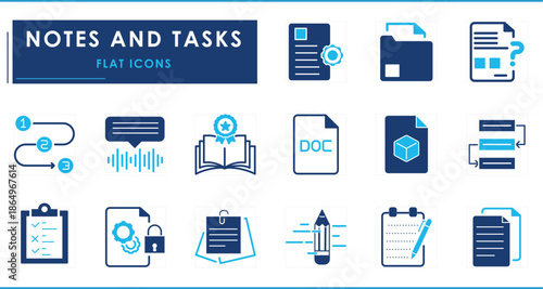 A set of flat icons related to Note and Task. Notes, sticky notes, to do list, pencil, notification, creative, voice notes, and so on.