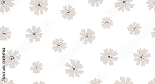 Seamless and repeating pattern of delicate, stylized beige-colored flowers with dark centers scattered across a plain white background.