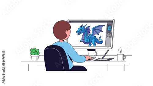 Creative person seated at a desk, diligently designing a vibrant blue dragon on a computer screen, symbolizing digital art or game development.