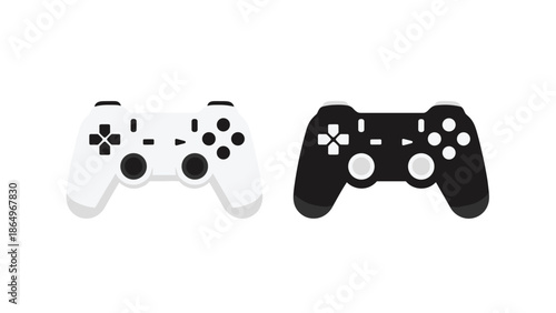 Pair of modern video game controllers, one sleek white and one bold black, ready for immersive digital gaming experiences.