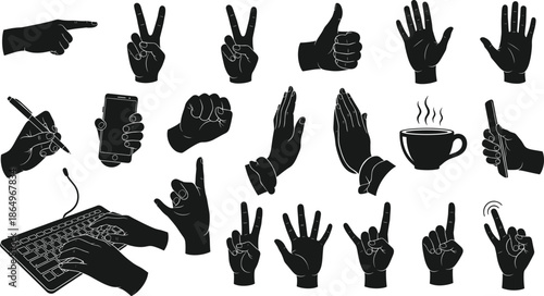 Black hand gesture silhouette collection featuring various poses including peace sign thumbs up pointing praying typing and holding objects for flat vector design.