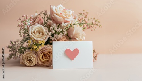 Bouquet of Flowers With a Card Featuring a Heart Shape on a Light Background