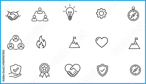 Black and white vector icons set representing business concepts, teamwork, motivation, achievement, leadership, security, and strategic goals